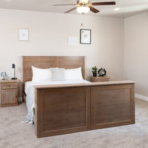 wood tv lift bed with accompanying nightstand