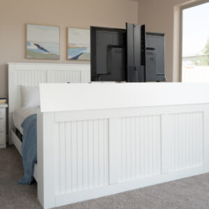 decorated white tv lift bed with tv