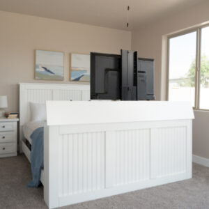 decorated white tv lift bed with tv