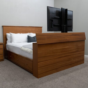 wood tv lift bed with tv and wood dresser