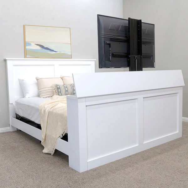 decorated white tv lift bed with tv