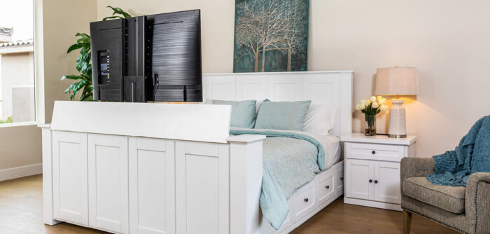 TV Bed banner decorated white tv lift bed with tv