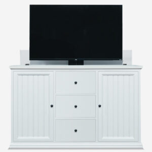 white tv lift cabinet with tv