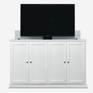 white tv lift cabinet with tv