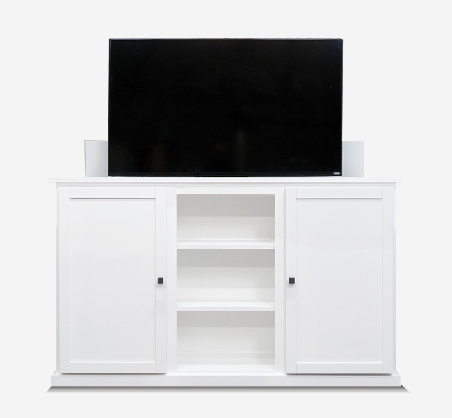 white tv lift cabinet with tv
