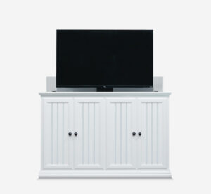 white tv lift cabinet with tv