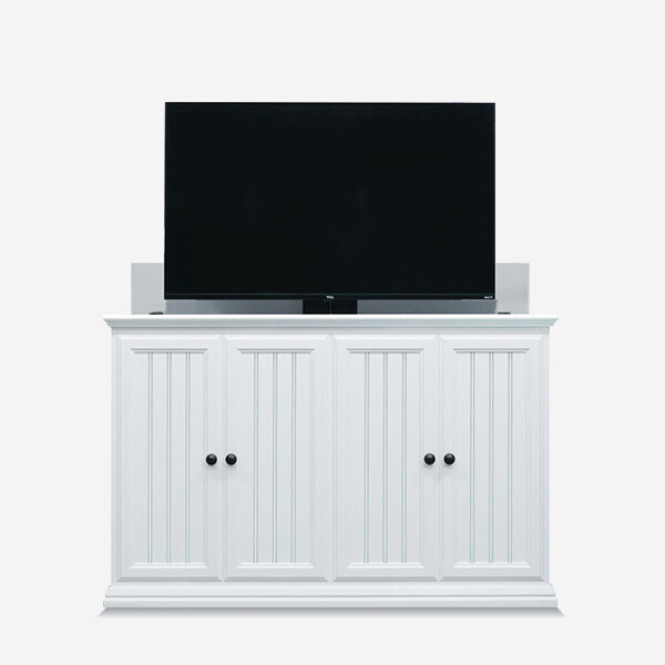 white tv lift cabinet with tv