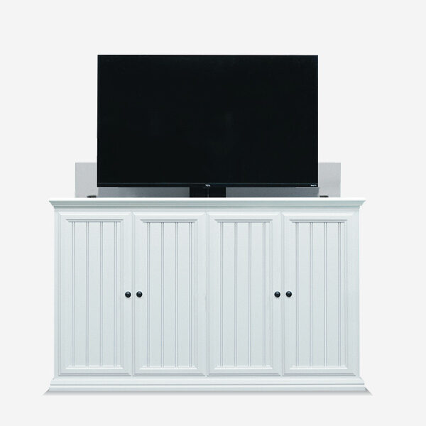 white tv lift cabinet with tv
