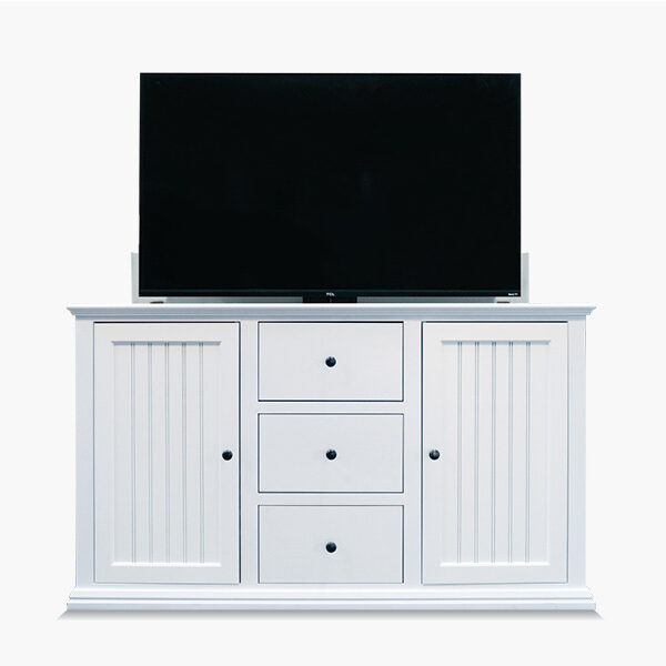 white tv lift cabinet with tv