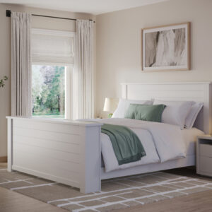 white bed with green and brown accents