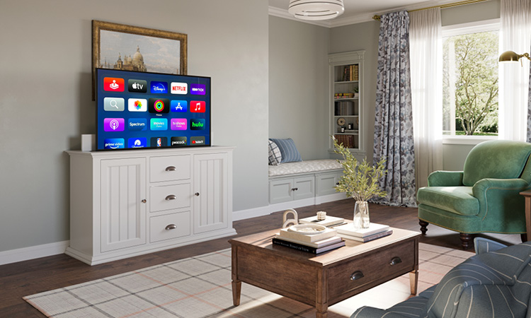 white tv lift cabinet with tv in a living room