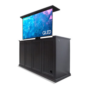 black end of bed storage cabinet with tv lifting out of it