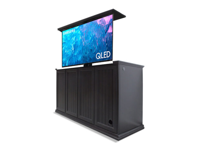 black end of bed storage cabinet with tv lifting out of it