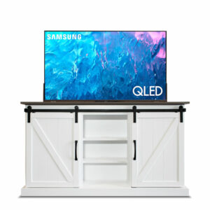 fancy white tv lift media console with tv