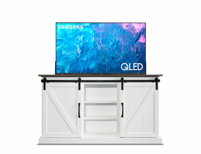 fancy white tv lift media console with tv