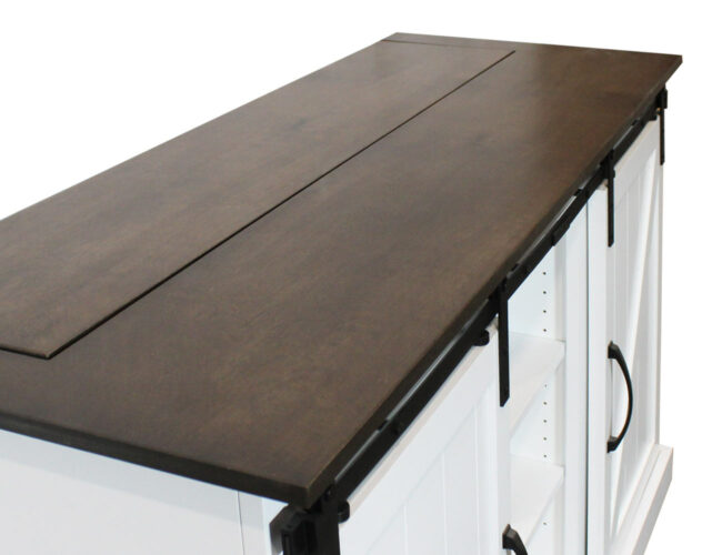 wood top of fancy white tv lift media console