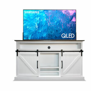 fancy white tv lift media console with tv