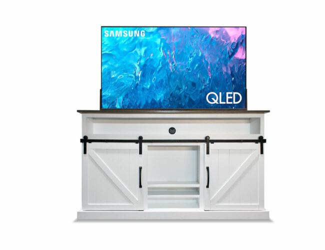 fancy white tv lift media console with tv