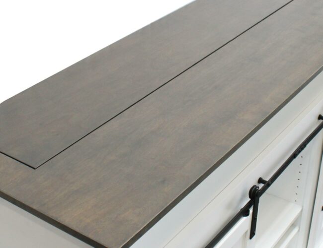 wood top of fancy white tv lift media console