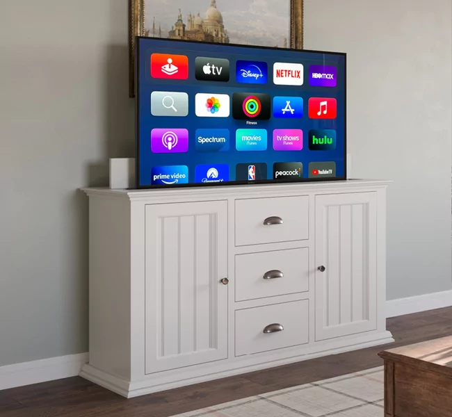 TV Lift Cabinet Real Wood White with TV Extended