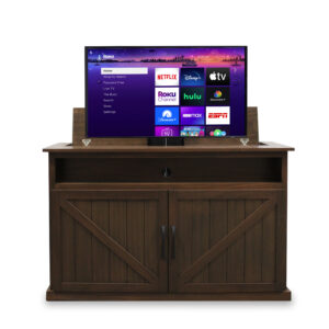 dark brown tv lift cabinet with tv