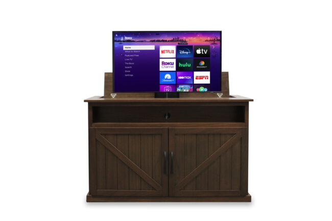 dark brown tv lift cabinet with tv